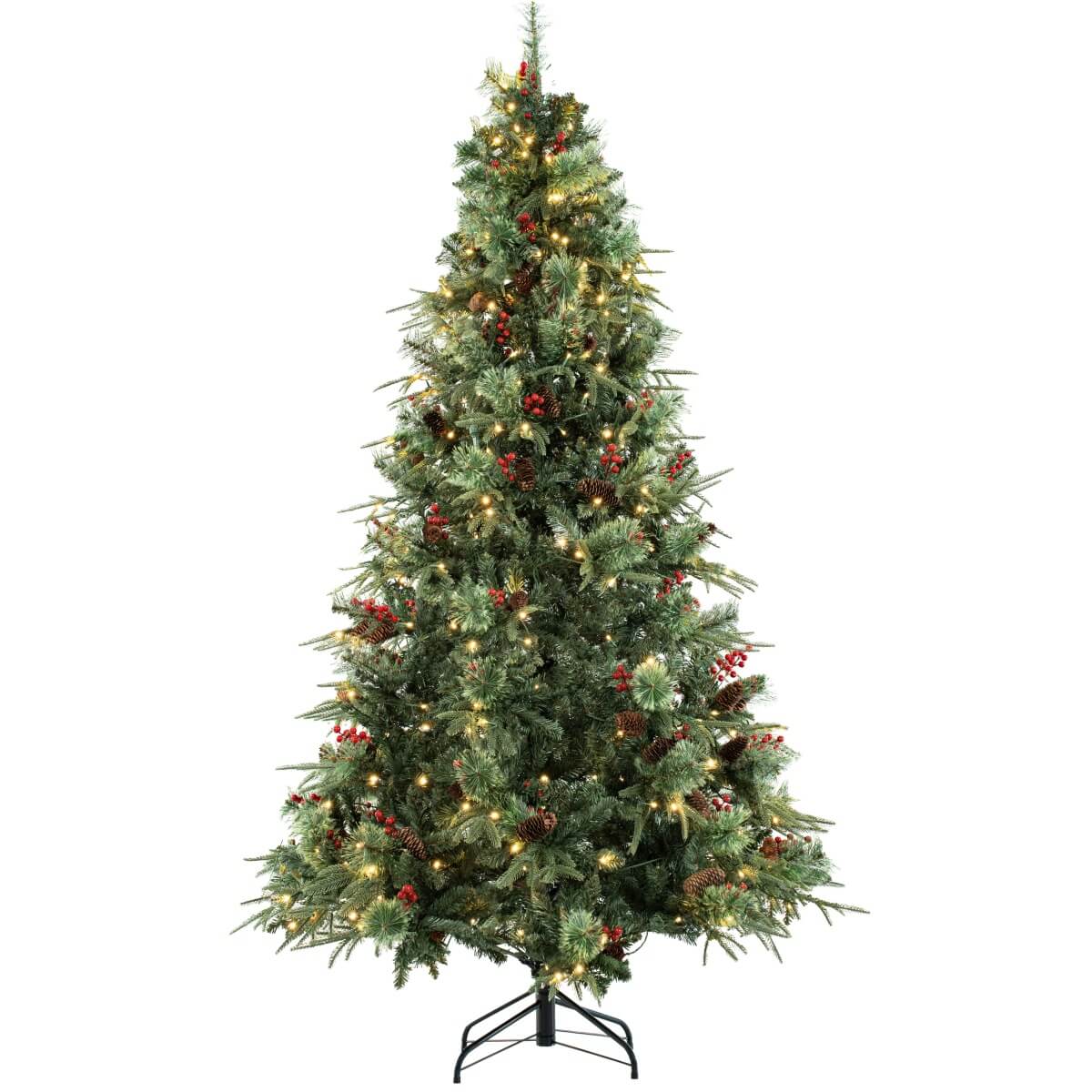 Realistic Green Artificial Christmas Tree with Pine Cones & Red Berries - Pre-Lit Warm White LED PVC Xmas Tree, Easy Setup, 5ft/6ft/7ft