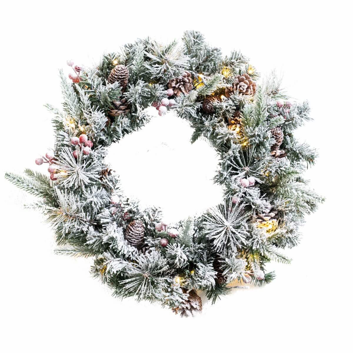 Snow-Flocked Christmas Wreath with Pine Cones & Red Berries - PVC Wreath with Pre-Lit LED Lights