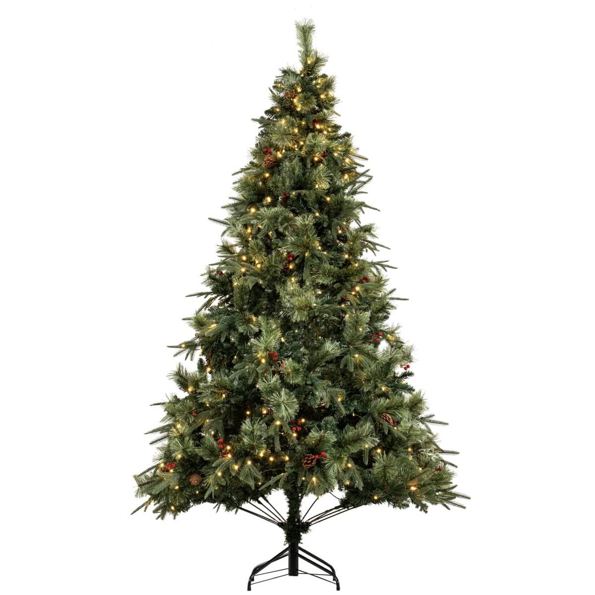 Realistic Full Green Artificial Christmas Tree with Pine Cones & Red Berries - Pre-Lit Warm White LED Lights, PVC Xmas Tree, 6.5ft/7.5ft/8.5ft