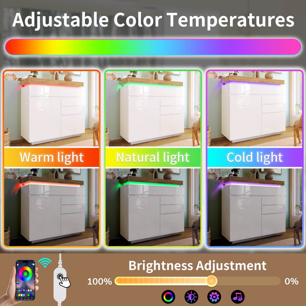 High Gloss Sideboard Cabinet with 2 Doors & 3 Drawers - RGB LED Storage Chest of Drawers for Living Room & Bedroom, White