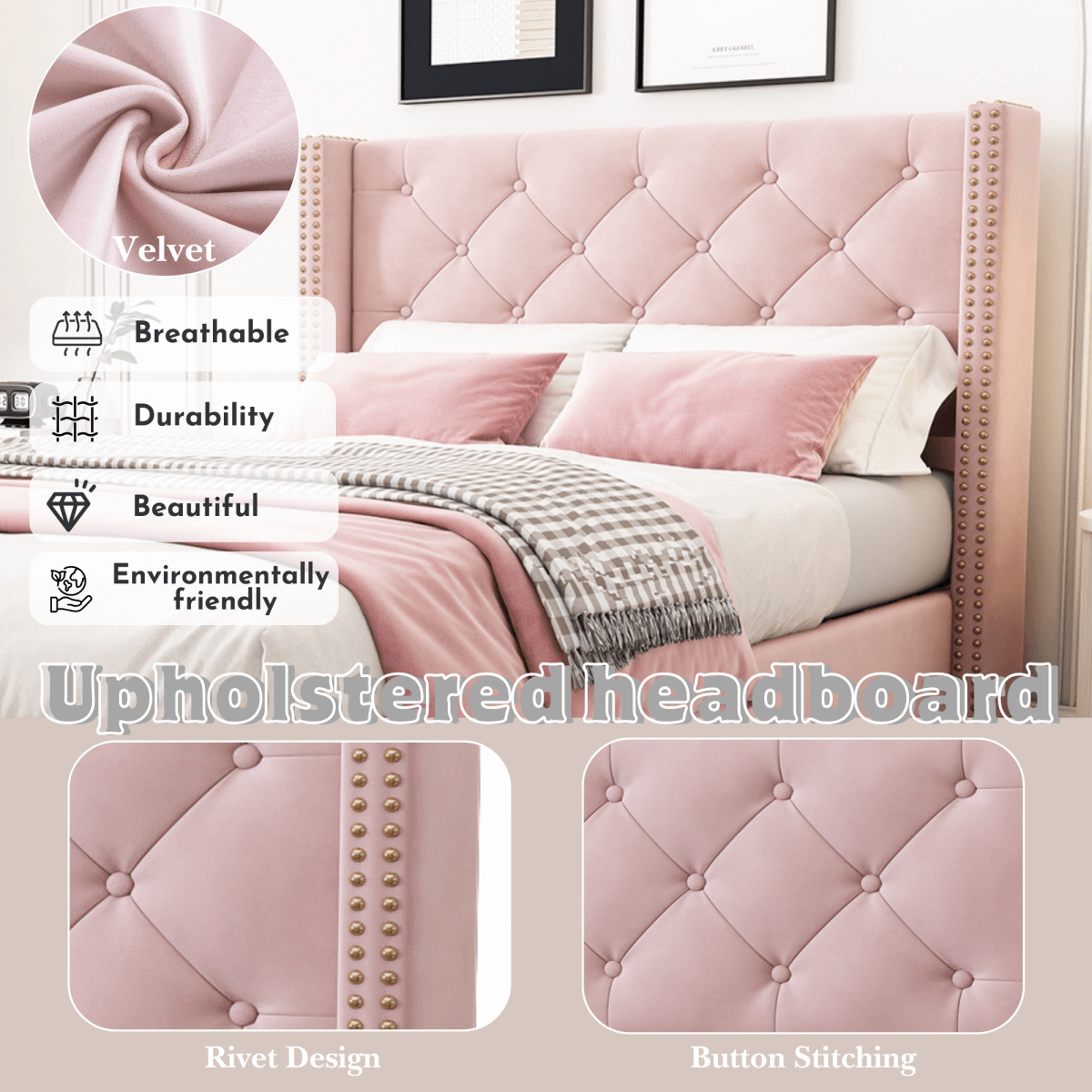 3ft Single Velvet Bed Frame - Upholstered Bed with Button & Stud Headboard, Wooden Legs, Pink