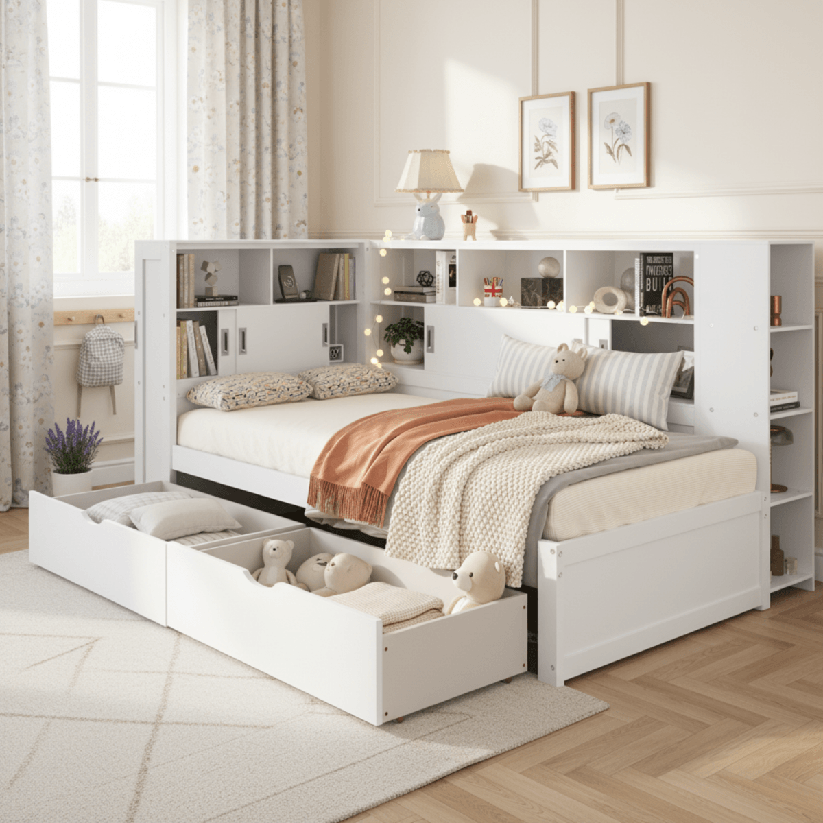 3ft Single Platform Bed with Trundle & Storage - Bed Frame with USB Charging and Bookcase
