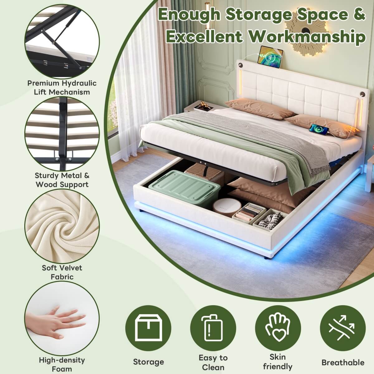 4ft6 Double Velvet LED Hydraulic Bed - Adjustable Tufted Headboard with USB and Type C Charging
