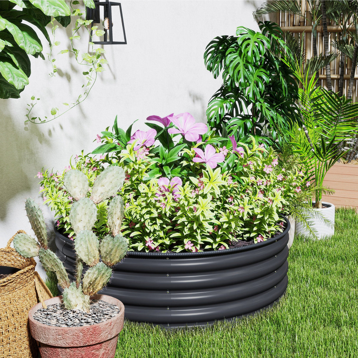 Galvanised Raised Garden Bed with Safety Edging, Outdoor Planter Box, 120 x 120 x 43cm, Dark Grey