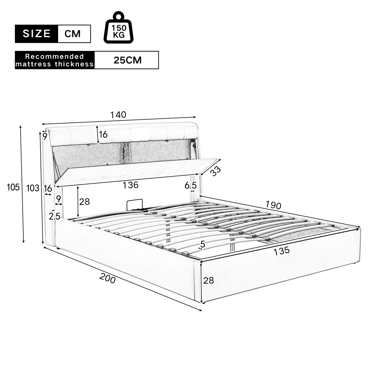 4ft6 Double Upholstered Bed – PU Hydraulic Bed with Concealed Headboard & Bed Box Storage