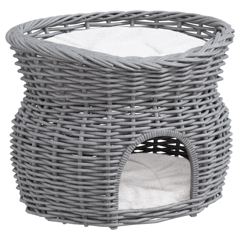 2-Tier Cat House Elevated Pet Bed, Willow Wicker with Washable Cushions, Grey