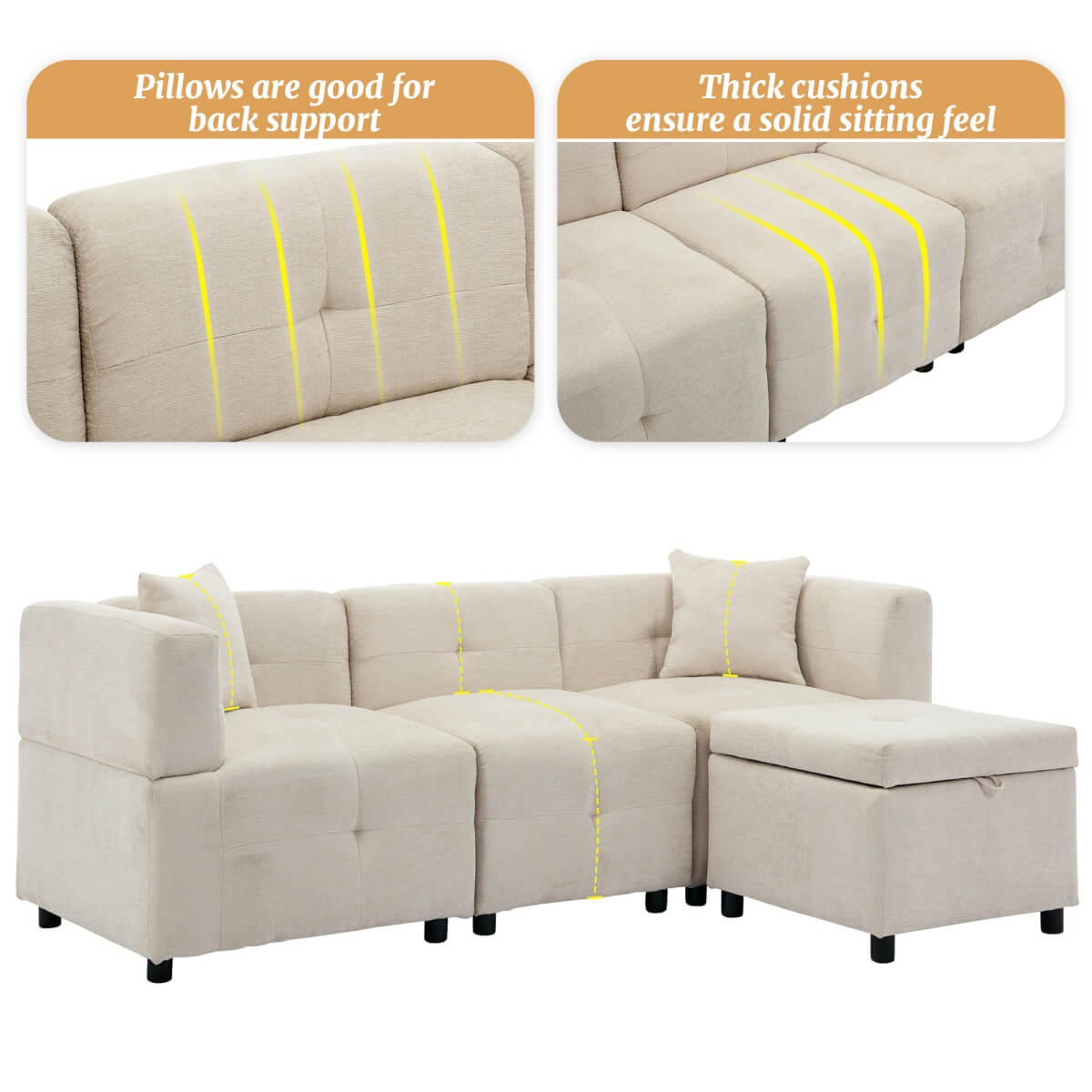 L-Shaped Corner Sofa - 80" Fabric Sectional Sofa with Removable Storage Ottoman & 2 Cushions, Beige