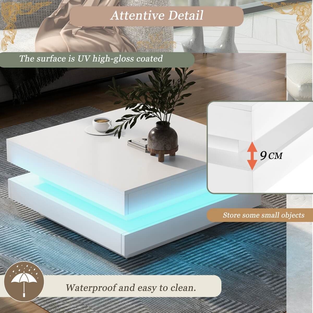 White High Gloss Coffee Table with 360¡ã Rotating Top & LED