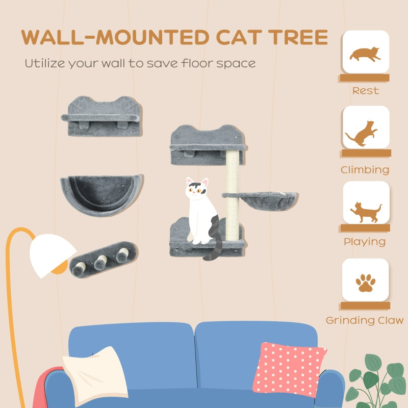 4PCs Wall-Mounted Cat Shelves with Scratching Post, Hammock, Nest - Grey