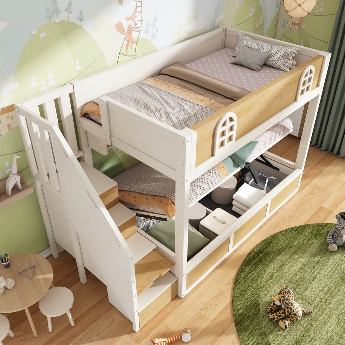 Kids Bunk Bed with Stairs and Storage – Solid Wood High Sleeper with Storage Cubes and Hydraulic Storage