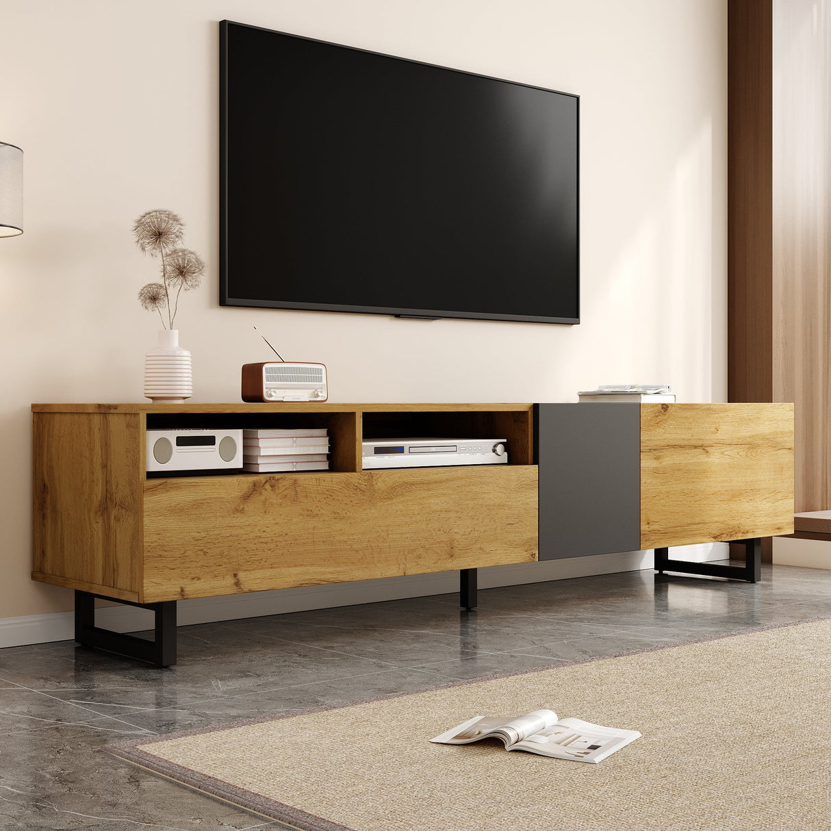 Colorblock TV Cabinet, Three Doors Two Compartments U-Shaped Legs, Retro Wood Grain