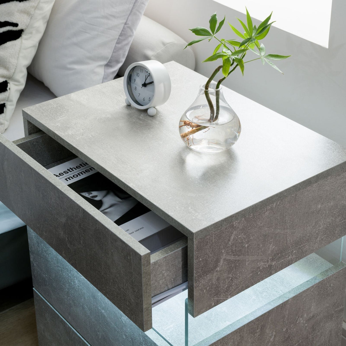 LED Nightstands: Acrylic Board, End Table with 3 Drawer Dresser (Gray)