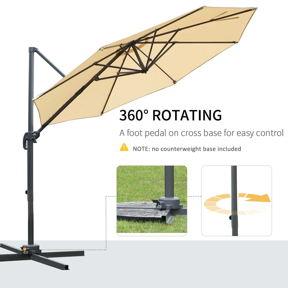 Outsunny Round Umbrella Parasol W/ Tilt 360¡ã Rotation and Hand Crank Cross Base-Beige