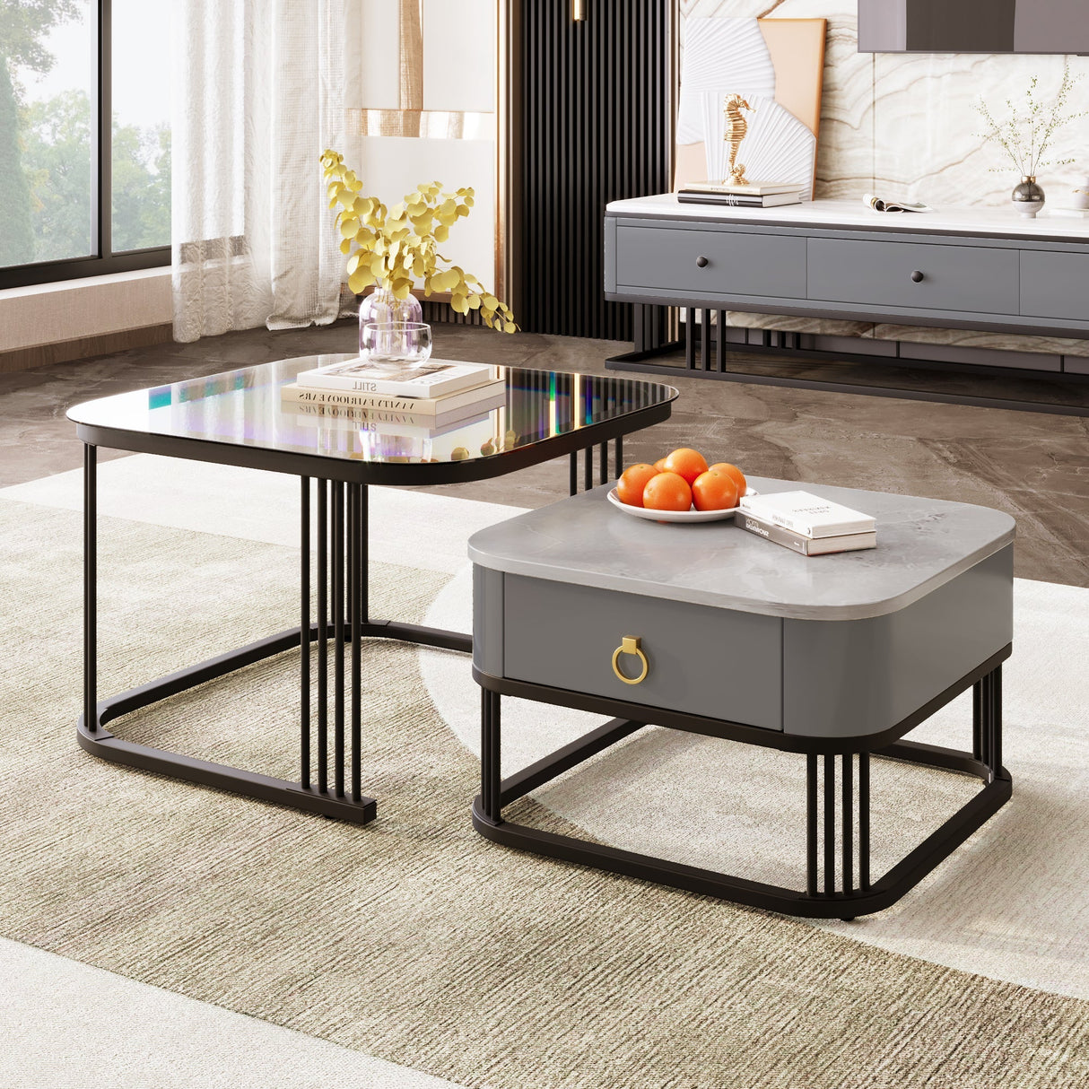 Nestable Coffee Table: High-Gloss Marble Exterior, Glass Tabletop, Black Table Legs, Side Table with Drawer (Set of 2)