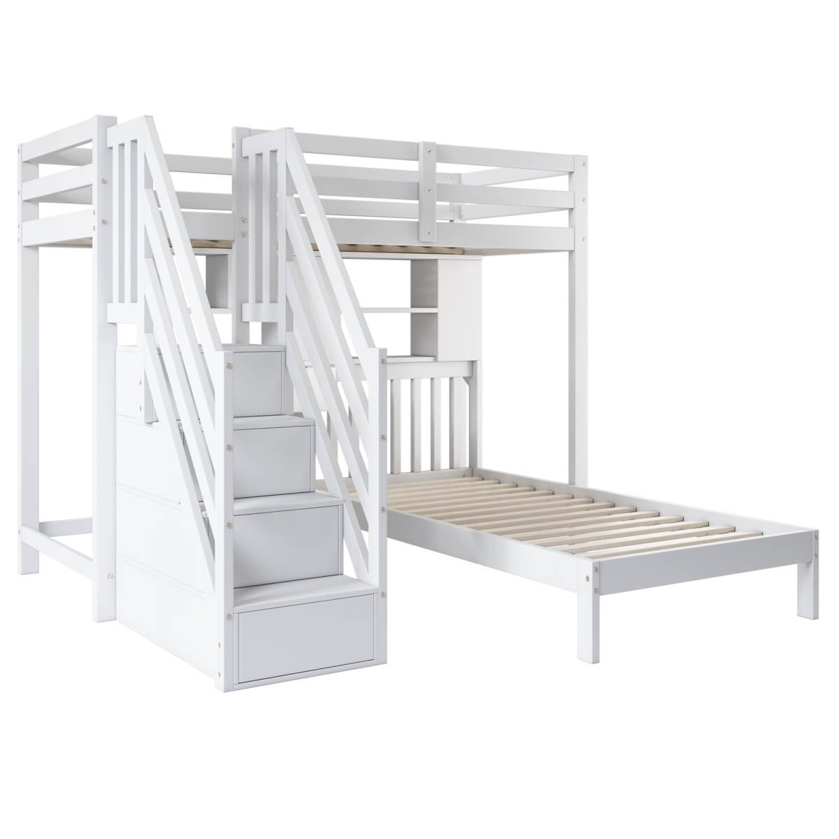 Kids Wooden Bunk Bed with Desk & Storage - 3ft Cabin Bed Frame, White