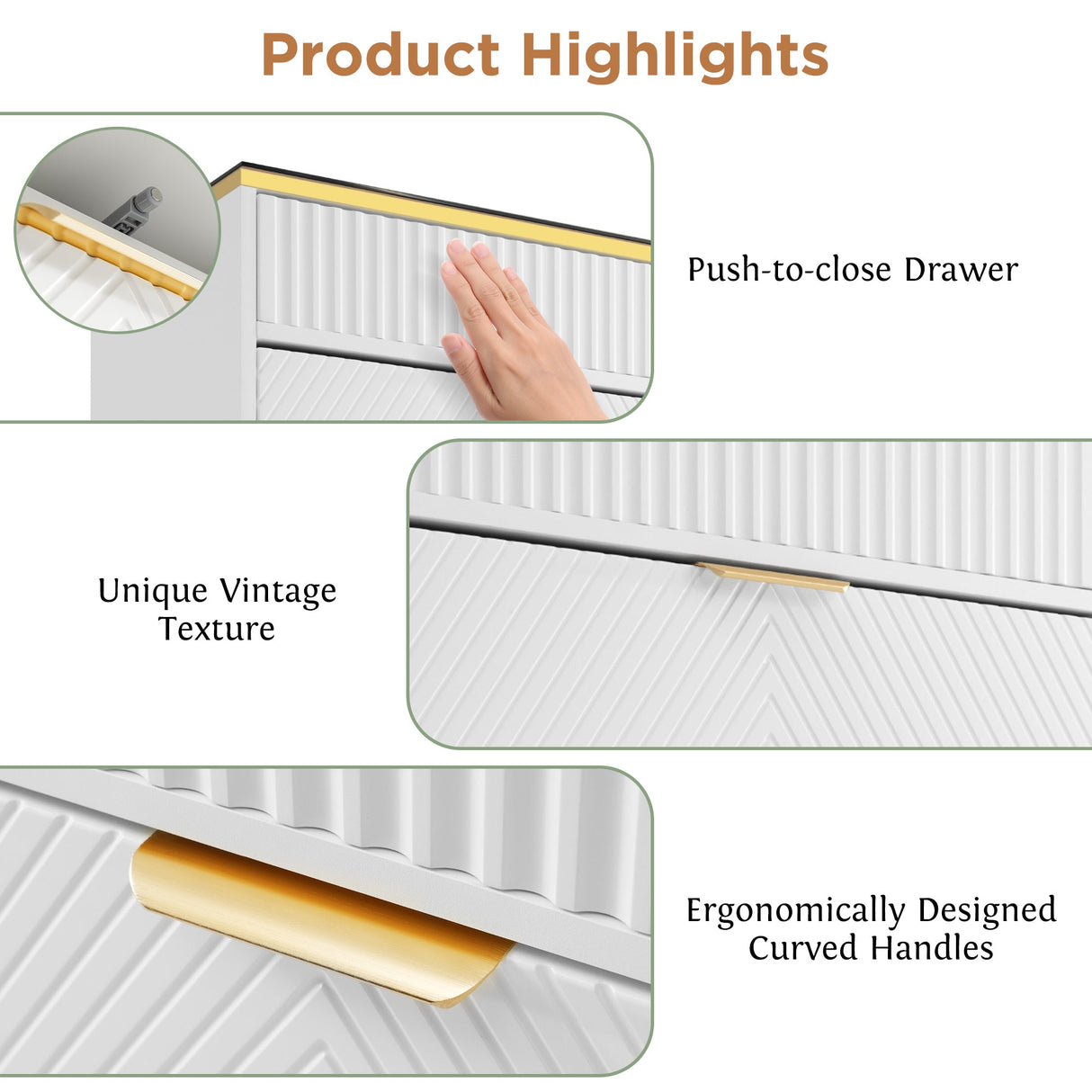 Sideboard Cabinet Dresser with 6 Drawers, Amber Glass, White