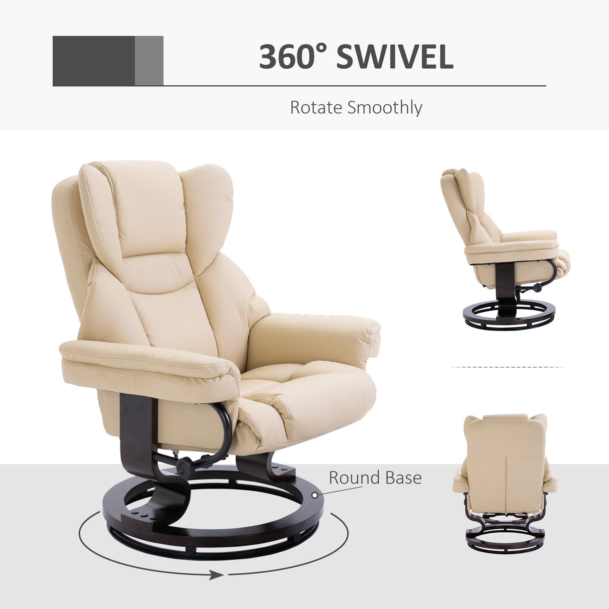360?? Swivel Recliner Chair with Footstool, PU Leather Manual Reclining Armchair, Cream