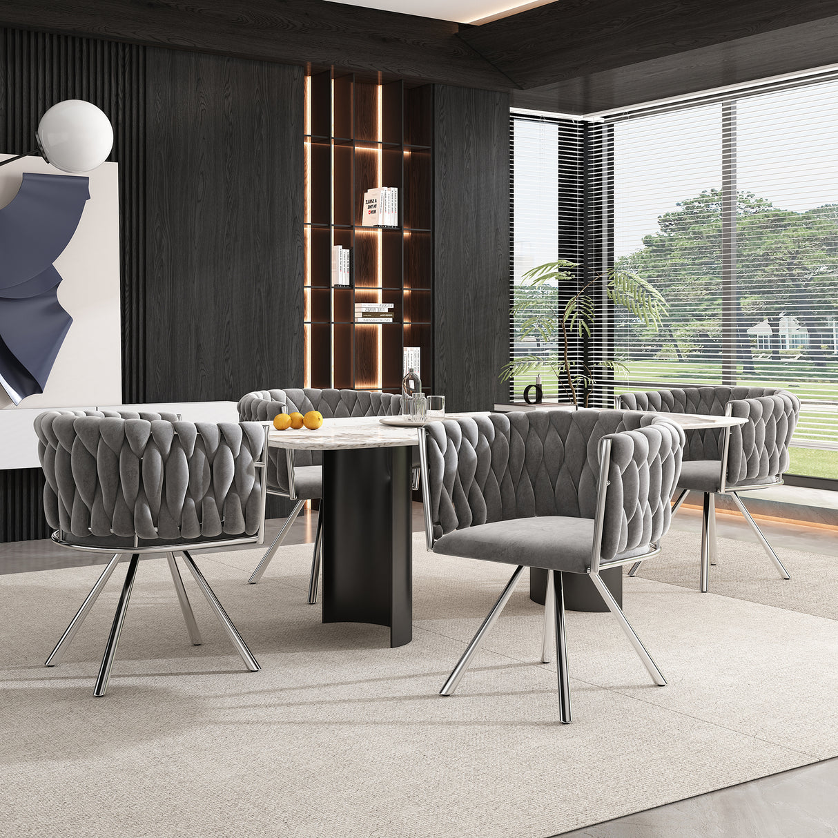 Set of 4, velvet dining chair, single light luxury living room bedroom swivel chair, Leisure swivel chair with four metal support legs, grey+silver