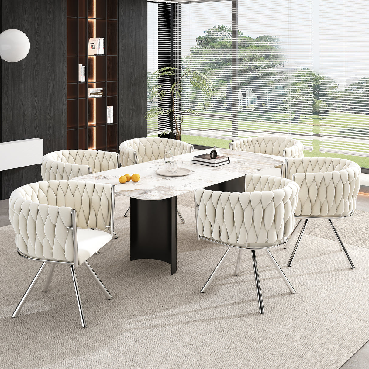 Set of 4, velvet dining chair, single light luxury living room bedroom swivel chair, Leisure swivel chair with four metal support legs, beige+silver