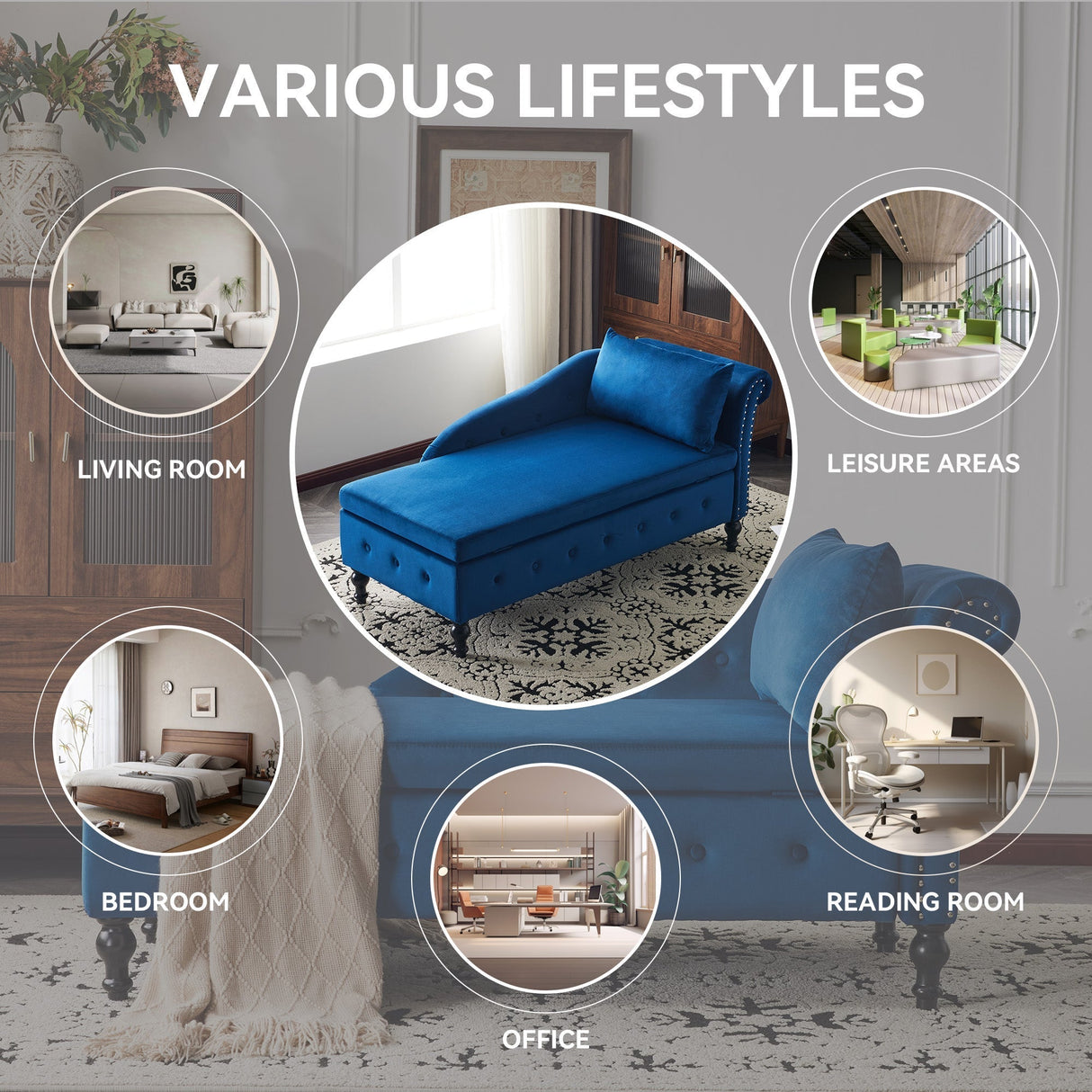 Velvet Chaise Lounge Sofa with Storage, Upholstered with Pillow, Modern Nailhead-Trim & Button-tufted, Right Armrest