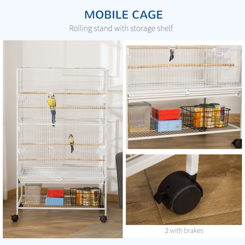 Large Bird Cage for Finch Canaries Parakeet with Rolling Stand, Slide-out Tray, Storage Shelf, Food Containers, White
