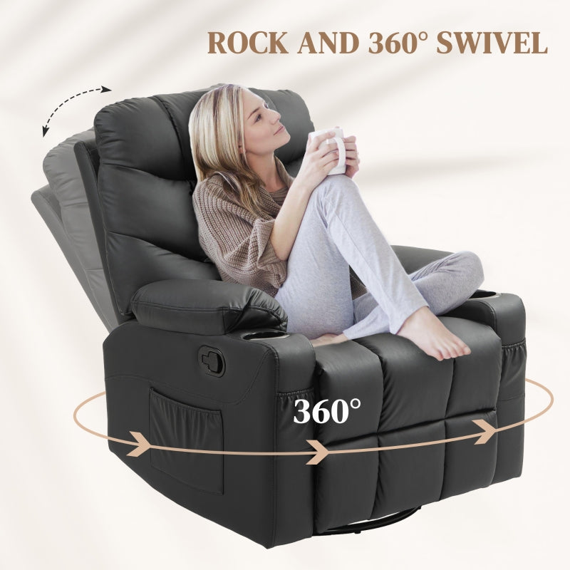 Manual Reclining Chair, Swivel Armchair with Footrest and Cup Holders, Black Faux Leather