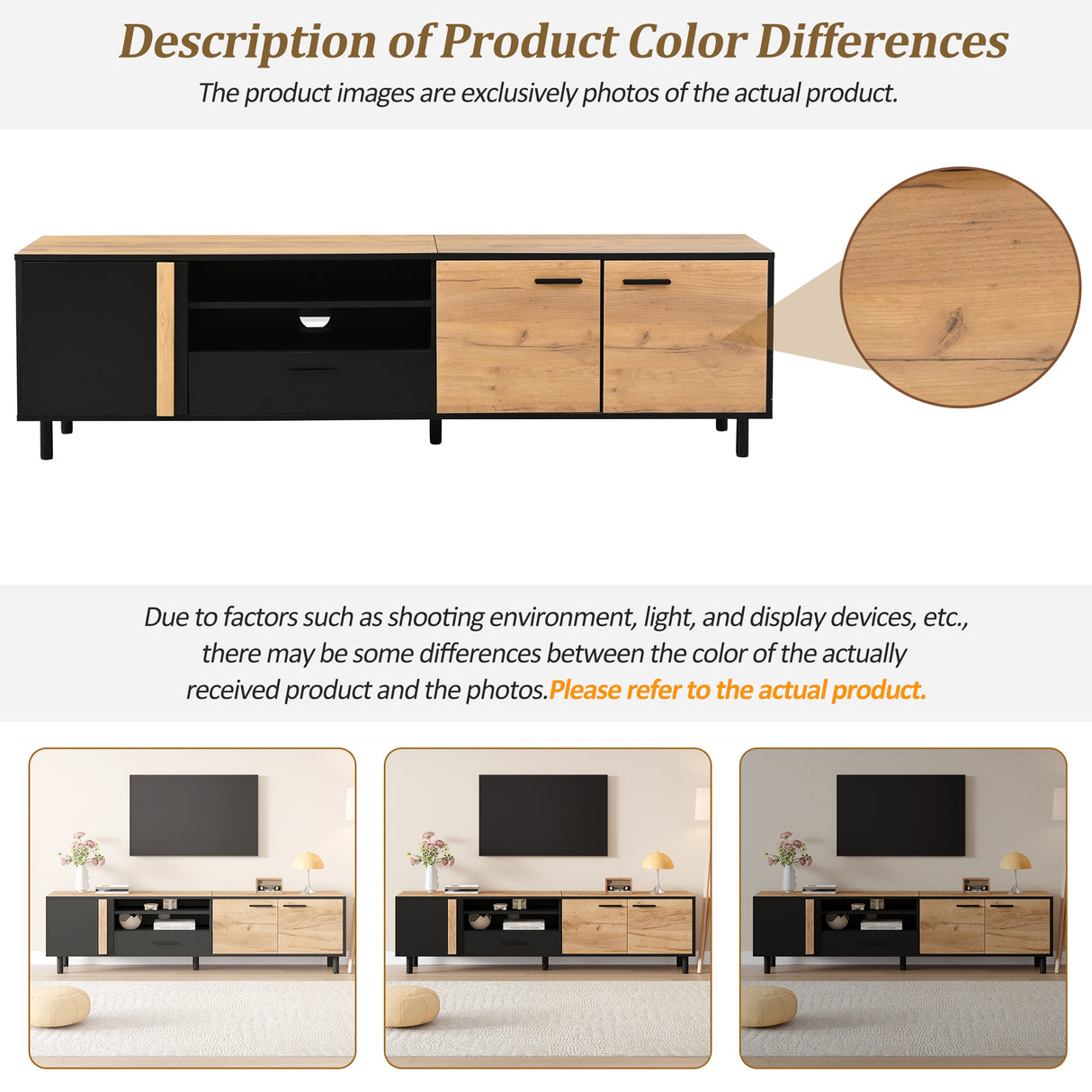 Modern 180cm TV Stand, Lowboard, TV Cabinet, TV Unit, TV Entertainment Center, Oak & Black Media Console with Drawer & Cabinets, Industrial Low Storage Cabinet for Living Room, TVs up to 75"