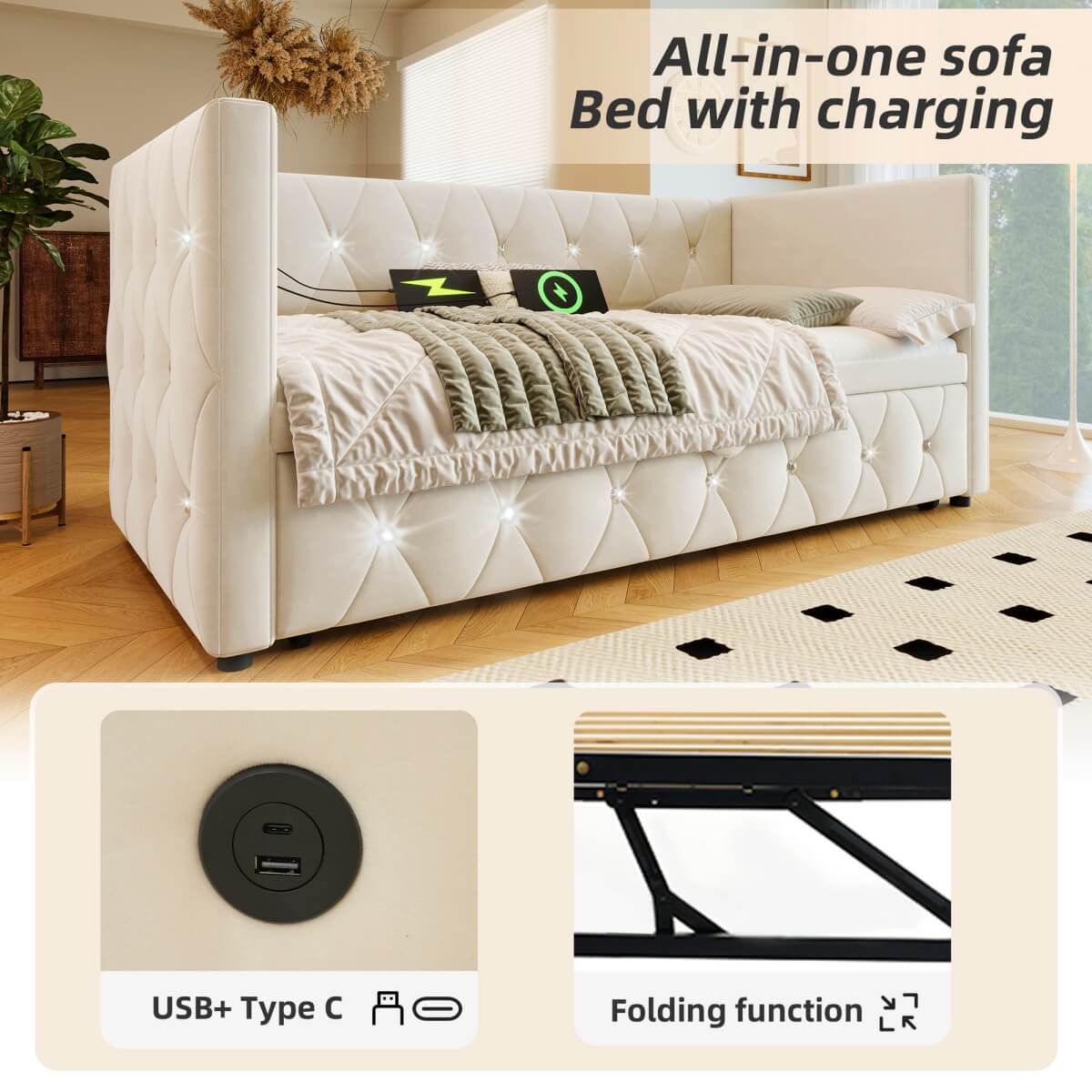3ft Velvet Daybed with Trundle - Upholstered Sofa Bed with USB & Type-C Charging Ports, Beige
