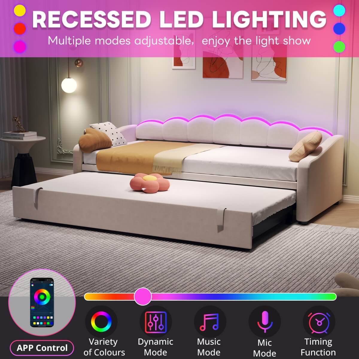 3ft Velvet Daybed with Trundle - Upholstered Sofa Bed with RGB LED Lights, Beige