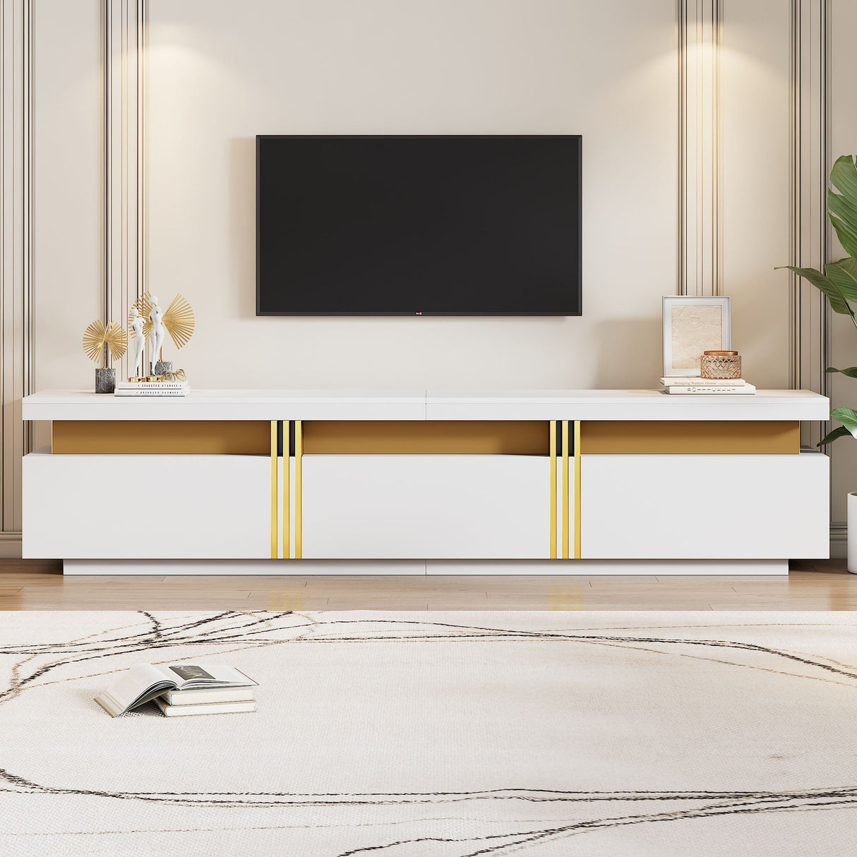 Luxury TV Stand with Faux Marble Top - White Media Console with 3 Drawers & Gold Accents