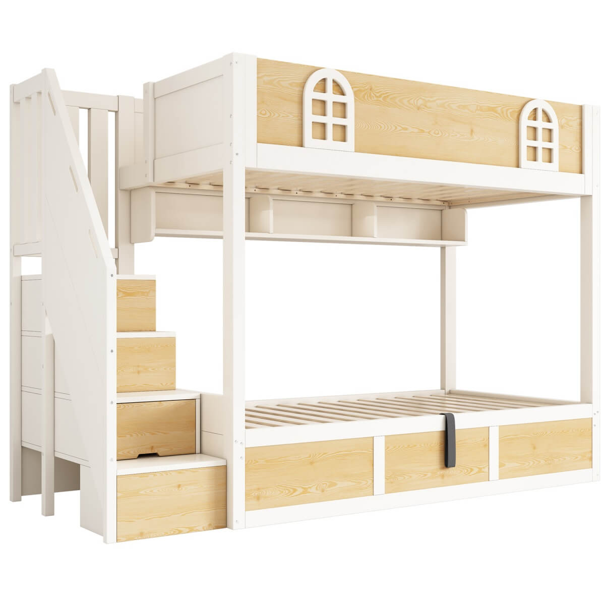 Kids Bunk Bed with Stairs and Storage – Solid Wood High Sleeper with Storage Cubes and Hydraulic Storage