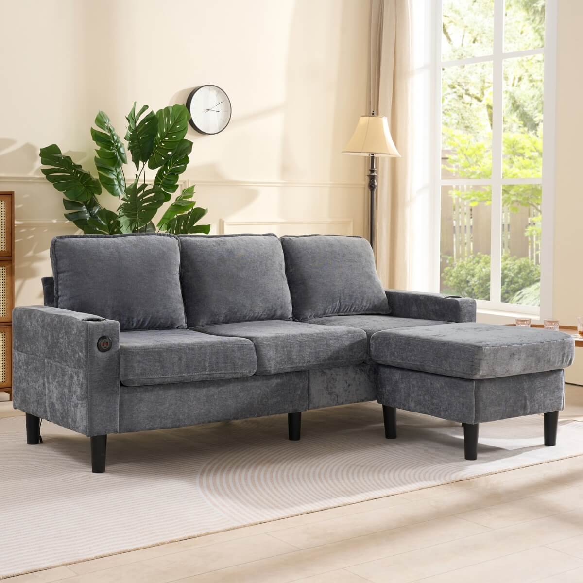 L Shaped Corner Sofa - 3 Seater Sectional Couch with USB & Cup Holder, Grey