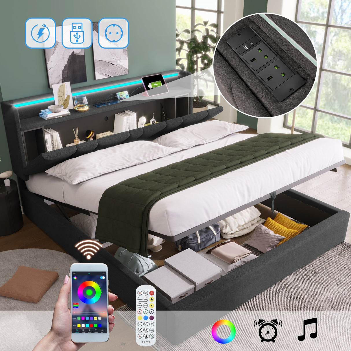 Upholstered Double Bed, USB Charging, Storage Headboard, LED Lighting, 5ft King Size, Grey