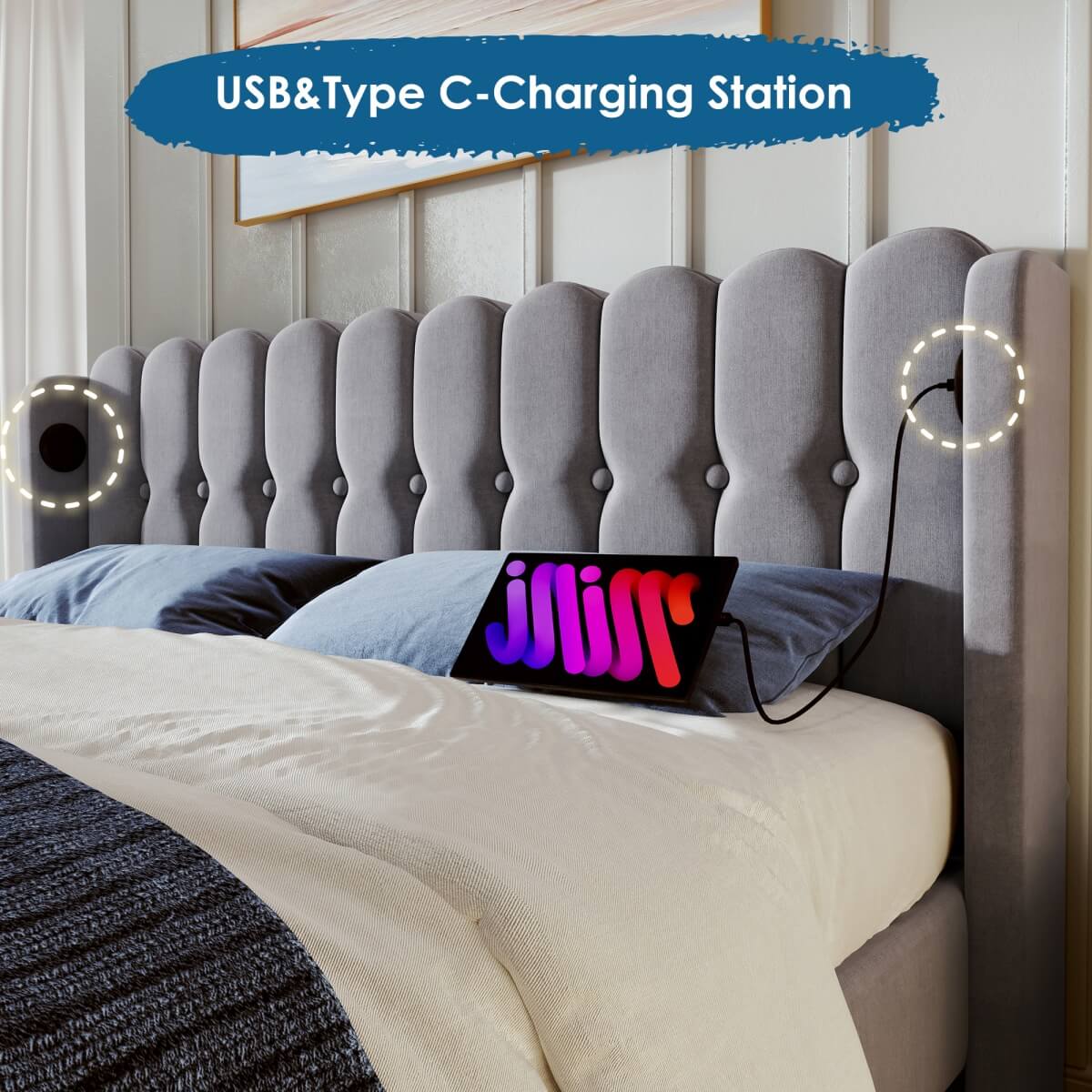 4ft6 Double Upholstered Bed with USB Charging - Grey Linen Bed Frame