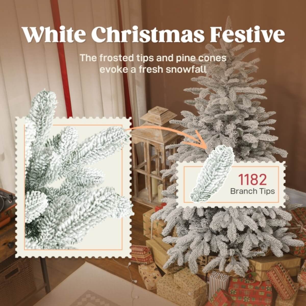 6FT Artificial Flocked Christmas Tree - Full PVC Branches, Hinged Design, Foldable Metal Stand, Easy Assembly