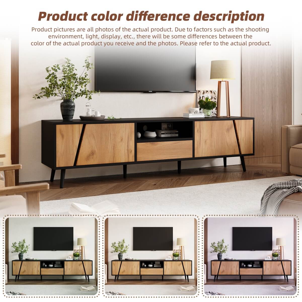 Wood & Black TV Stand Cabinet – 1 Drawer, 2 Doors, Entertainment Console for Living Room, Fits Up to 75" TV