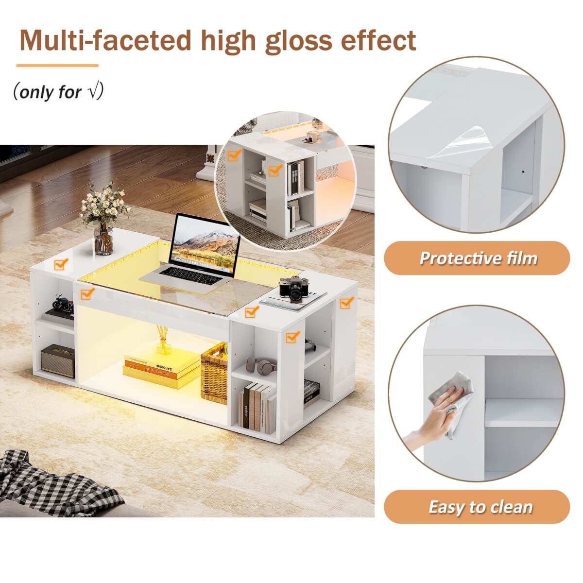 High Gloss White Coffee Table – LED Centre Table with Glass Top and Open Storage