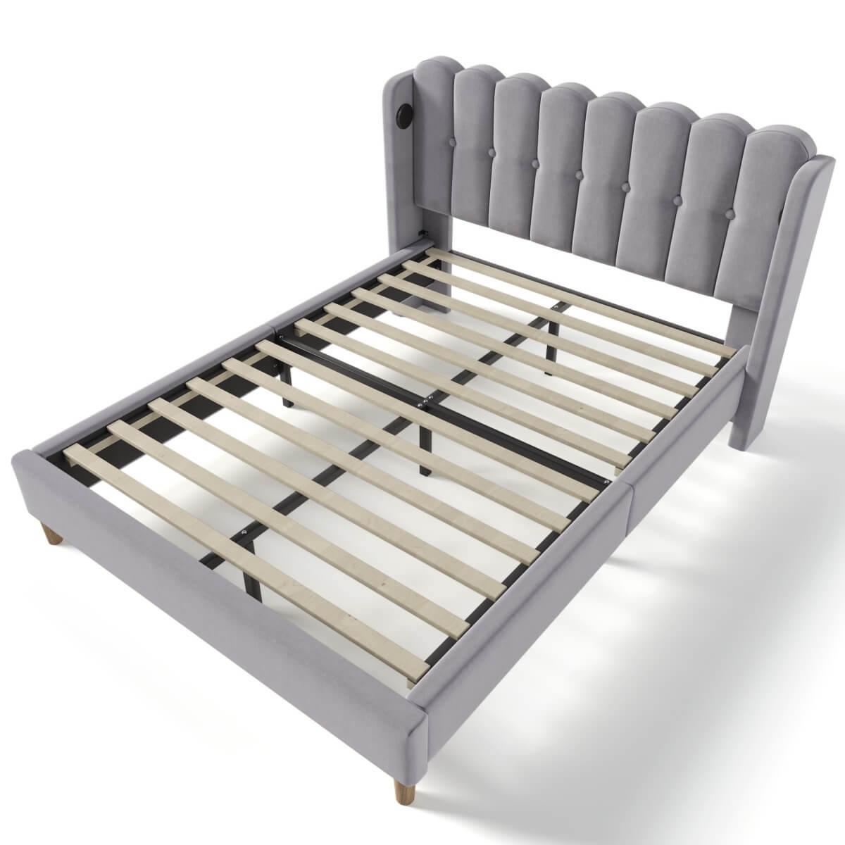 4ft6 Double Upholstered Bed with USB Charging - Grey Linen Bed Frame