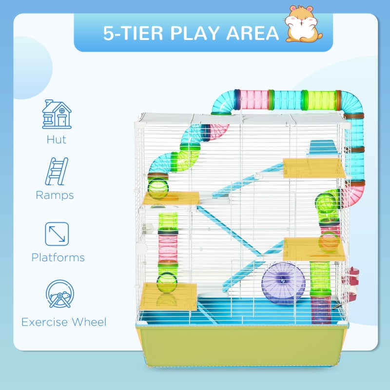 Hamster Cage with Water Bottle, Exercise Wheel, Tubes, Ramps - Light Blue