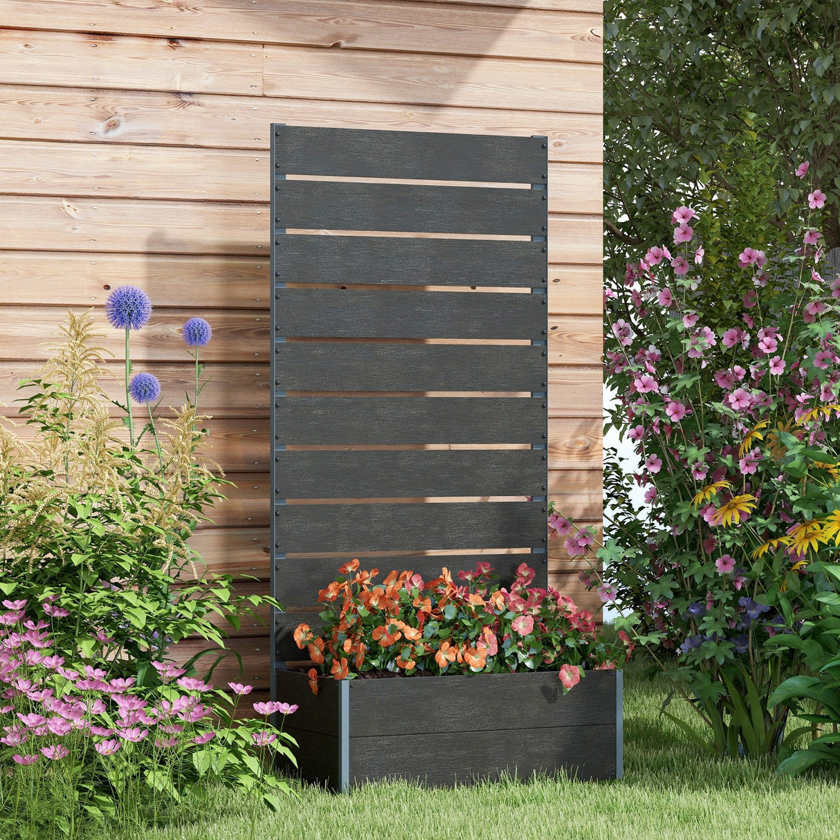 Garden Planter Box 34 x 69.5cm with Back Trellis, Black