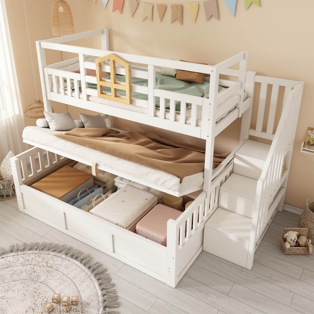 Kids Staircase Bunk Bed with Storage - Wooden Double Bunk Bed with Hydraulic Storage Cubes, White