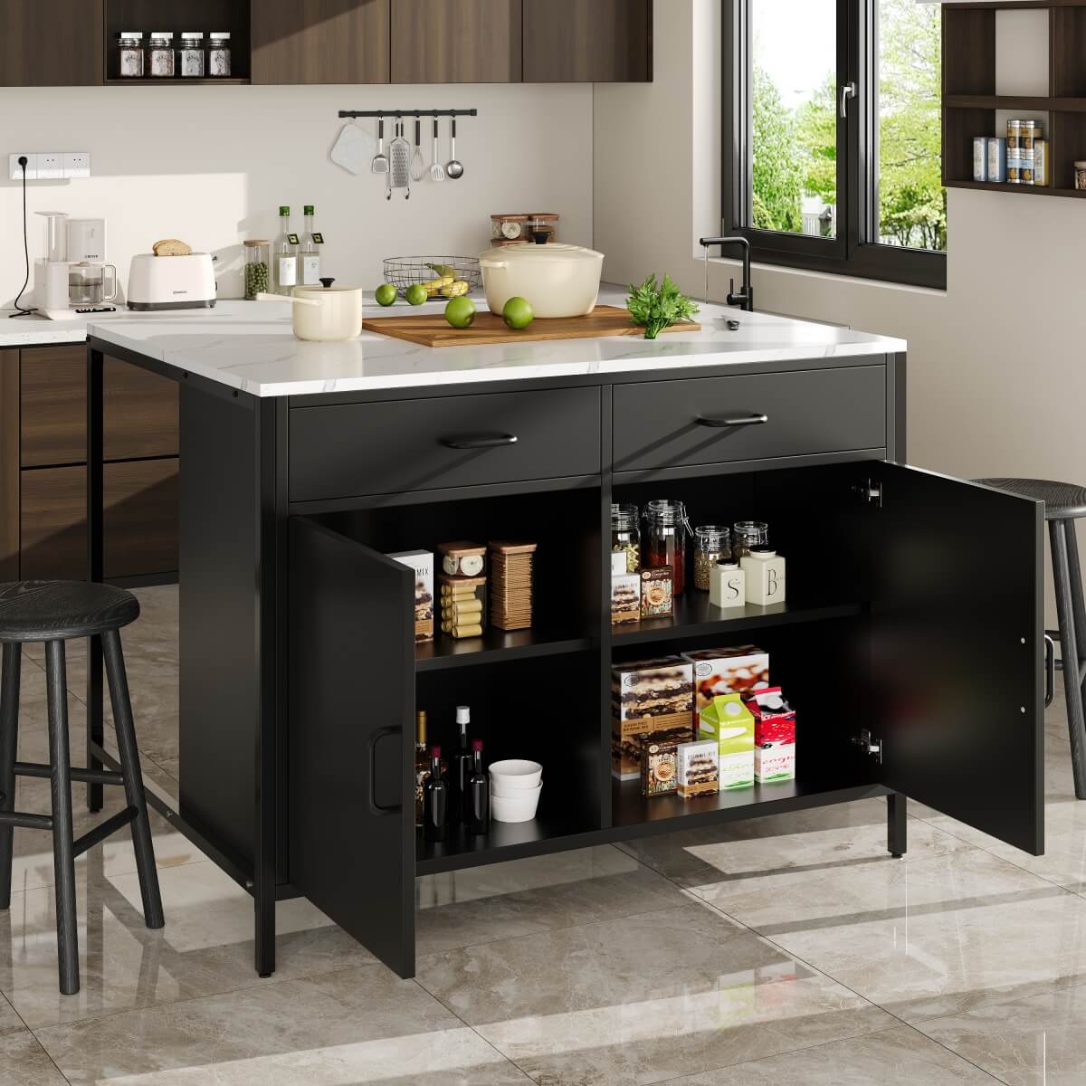 Standing Desk Bar Table - Modern Marble Effect Counter Height Table for Kitchen & Dining Room, Black