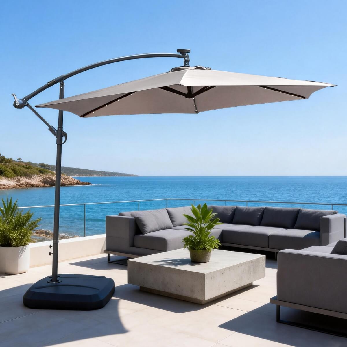 Banana-Style Outdoor Parasol with LED – 8-Rib Patio Umbrella with PA-Coated Canopy