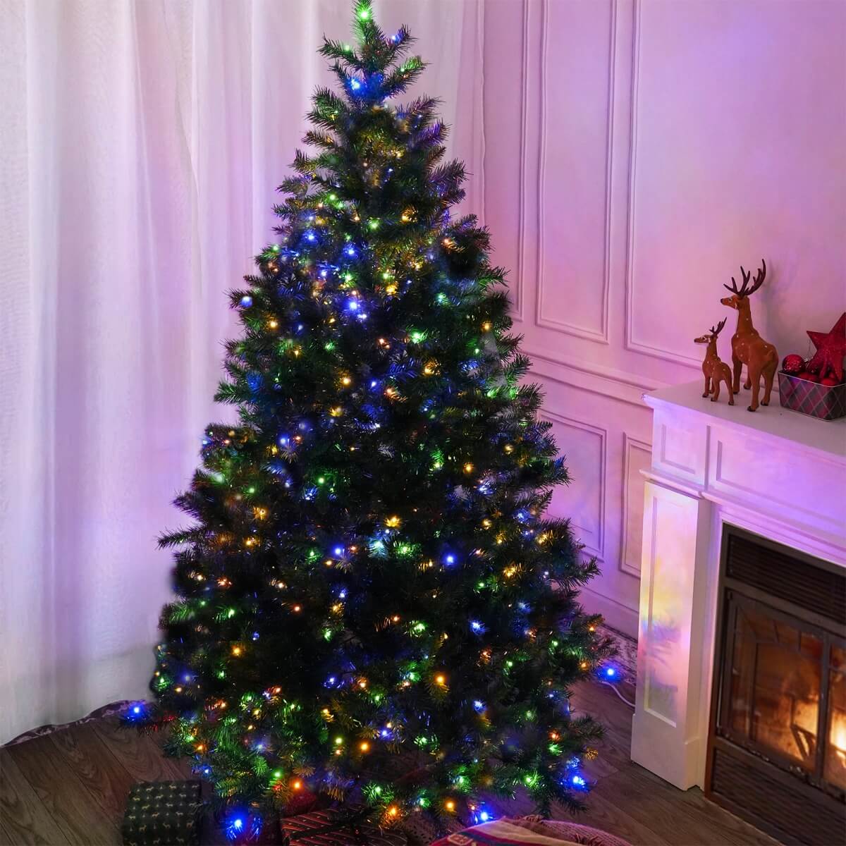 Artificial Christmas Tree with Colour LED Lights ¨C Realistic PVC Xmas Tree, Pre-Lit, 6ft & 7ft, Metal Stand