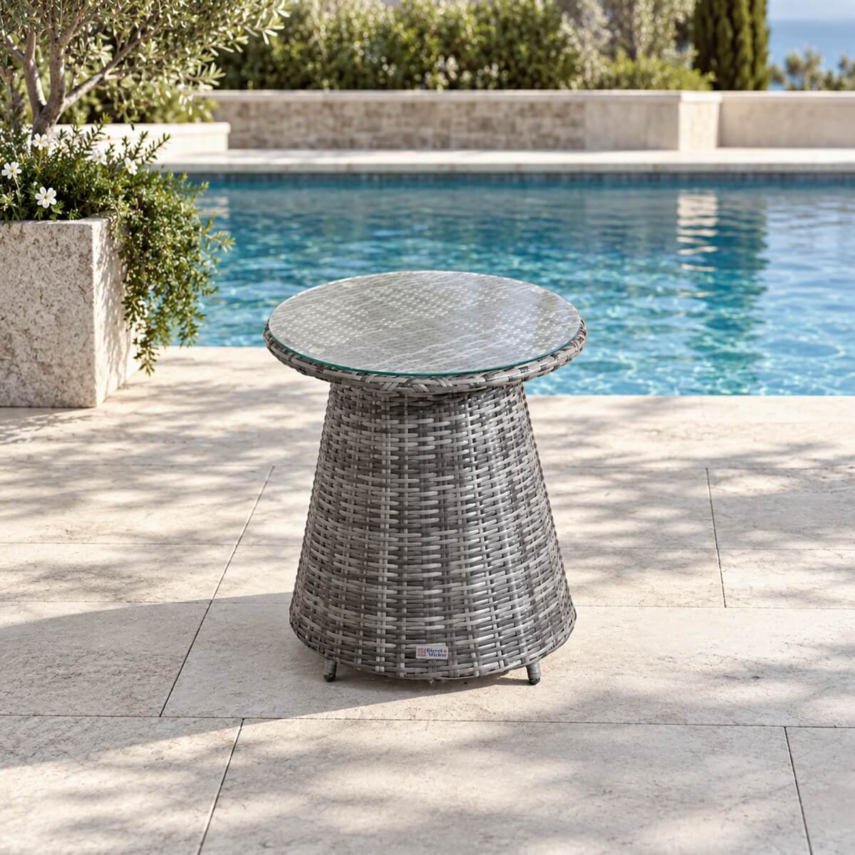 Round Grey Rattan Outdoor Coffee Table - Aluminium Frame Garden Patio Side Table