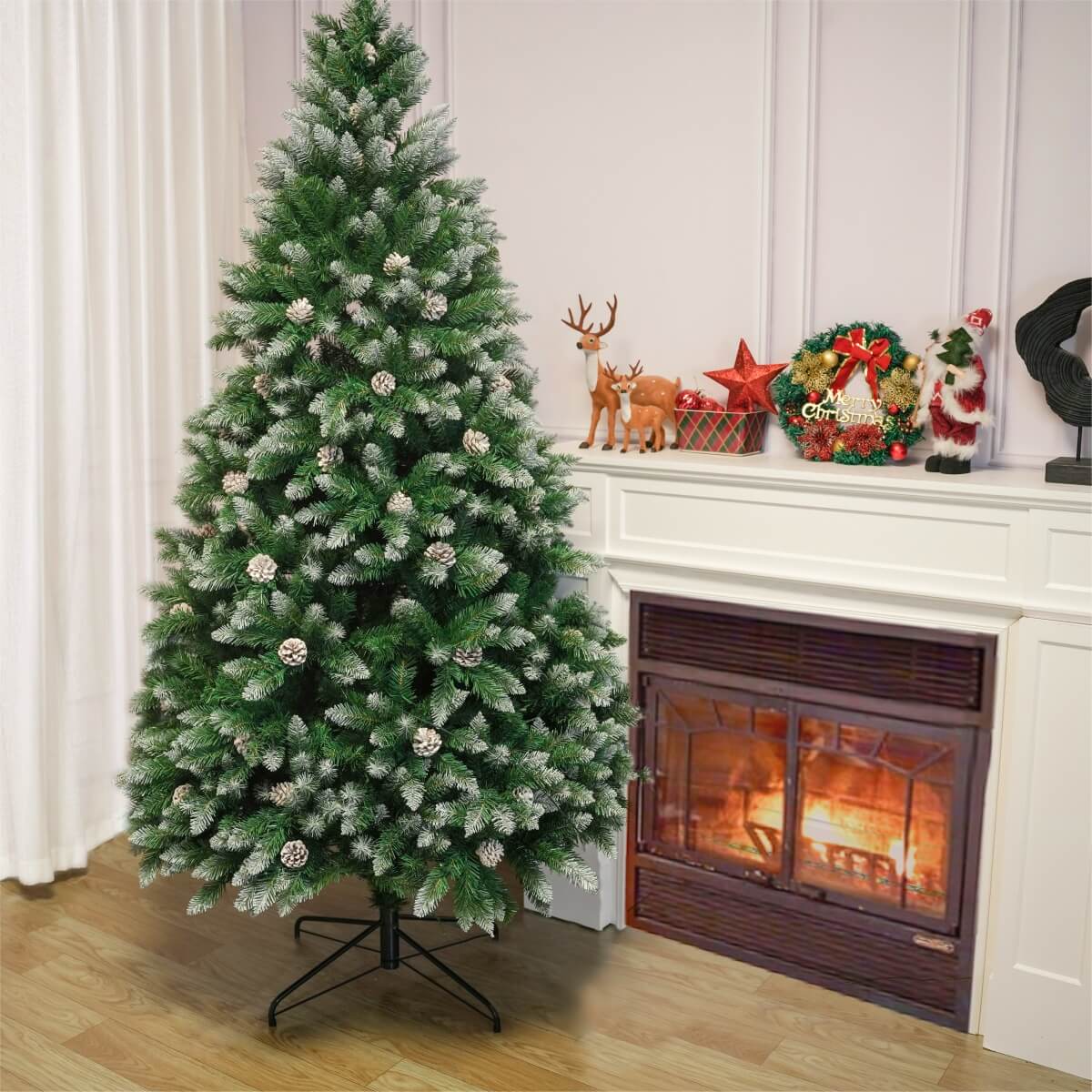 Snow Flocked Artificial Christmas Tree with Pine Cones - Pre-Lit or Unlit PVC Xmas Tree, Warm White LEDs, 5ft 6ft 7ft