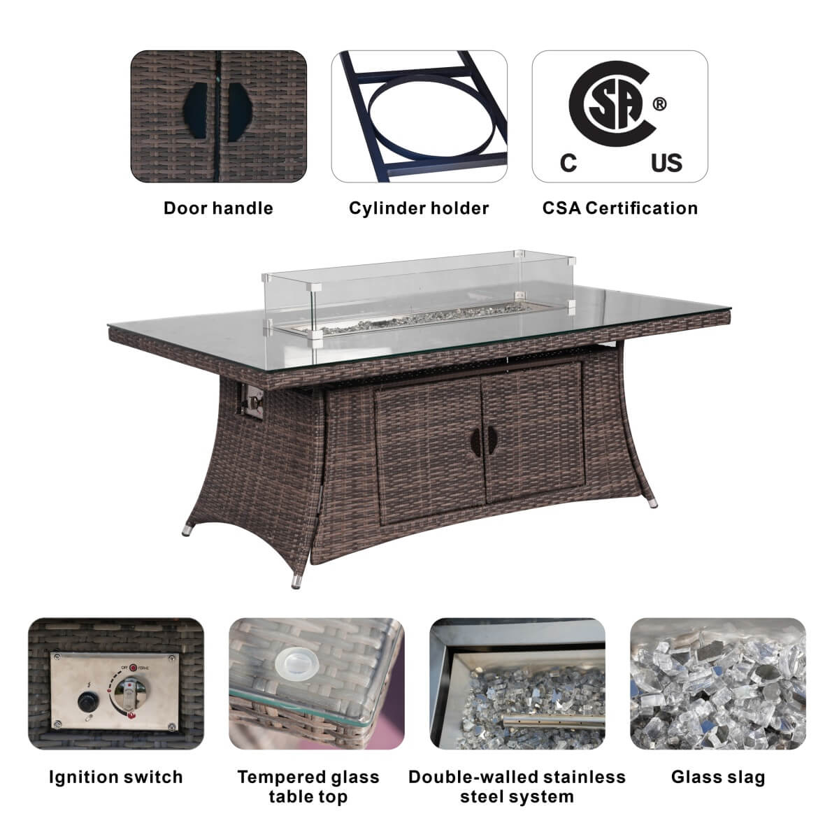 6 Seater Rattan Fire Pit Dining Table - Rectangular Outdoor Table with Glass Top