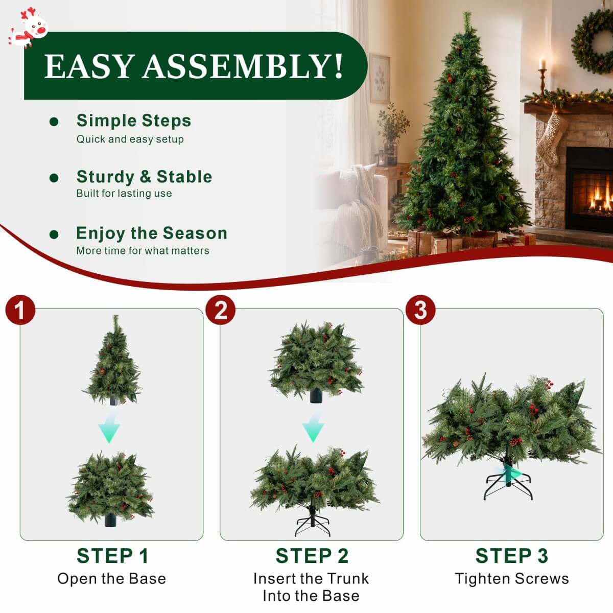 Realistic Full Green Artificial Christmas Tree with Pine Cones & Red Berries - PVC Xmas Tree for Easy Setup, 6.5ft/7.5ft/8.5ft