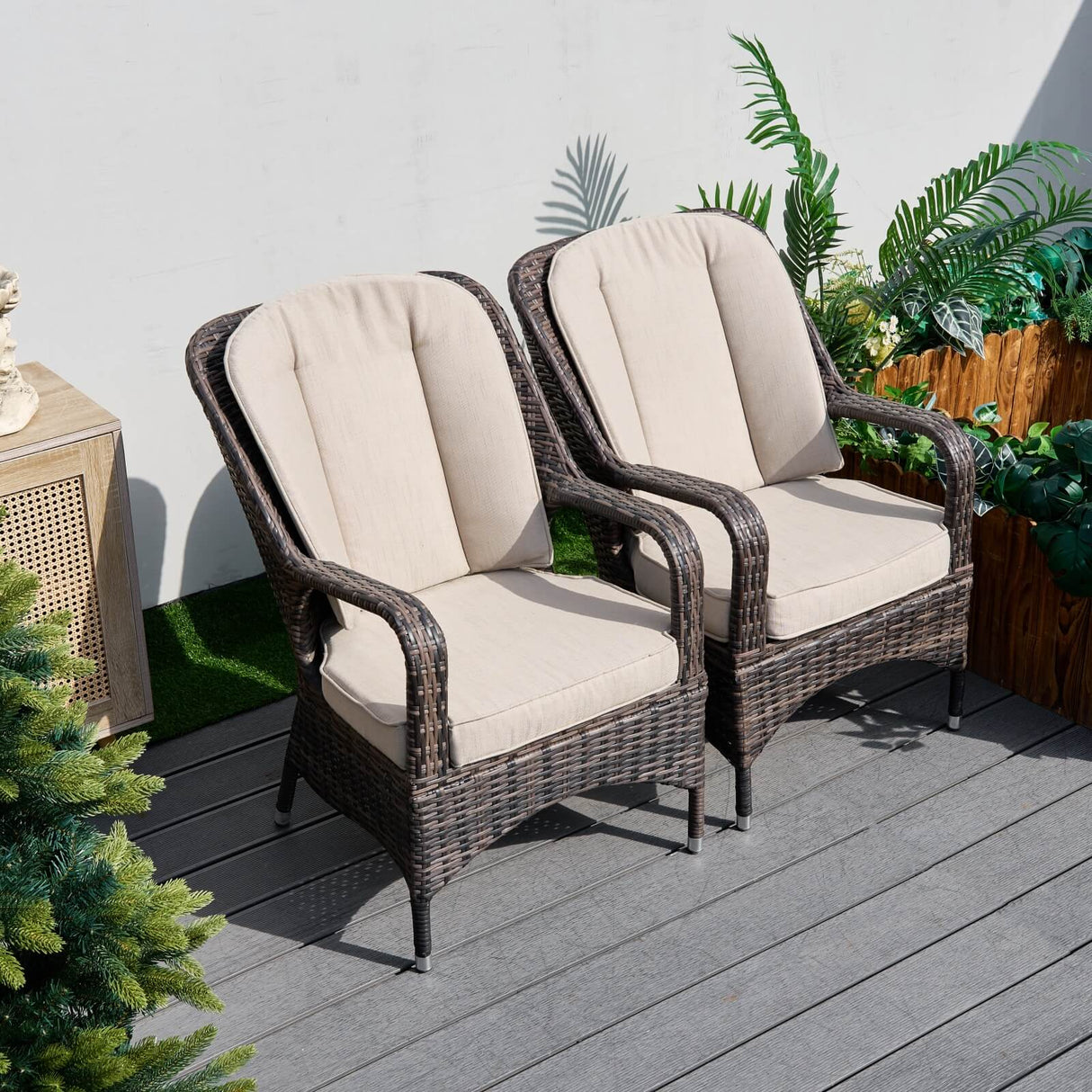 Set of 2 Rattan Garden Dining Chairs - Aluminium Frame, Outdoor Armchairs