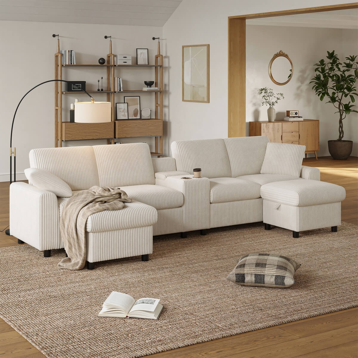 U Shaped Corduroy Sectional Sofa - Modular Sofa with Storage Ottomans, USB & Type-C Charging, Beige